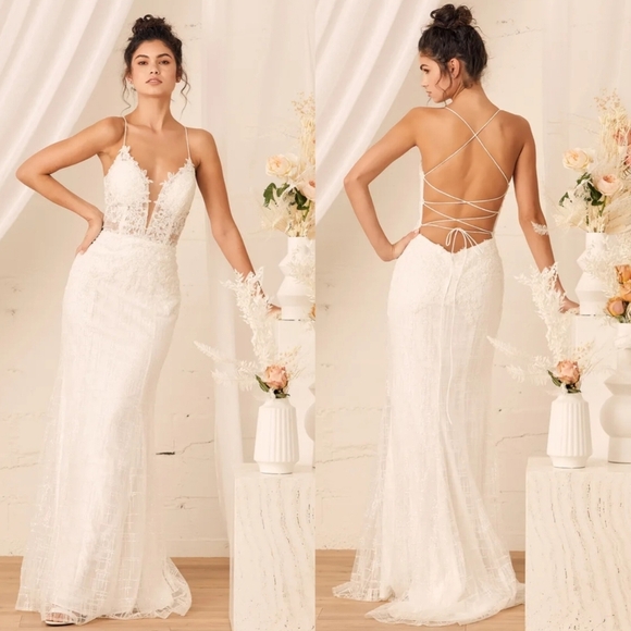 Lulus Luxe Bridal Wonderstruck Glitter Lace-Up Embroidered Lace Maxi Dress Bride - Picture 1 of 12